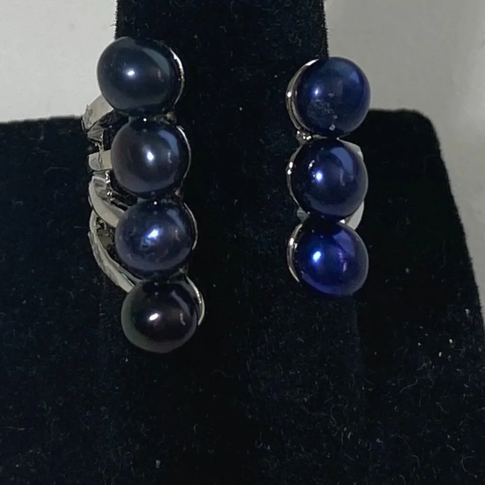 Midnight Blue Glass Stone Ring Silver Tone Sz Adjustable